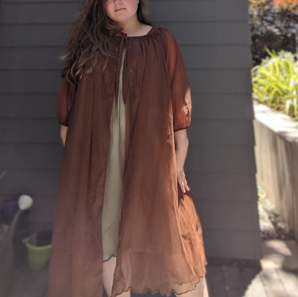 Vintage 60s Nightgown Peignoir Set Blue Brown Lace